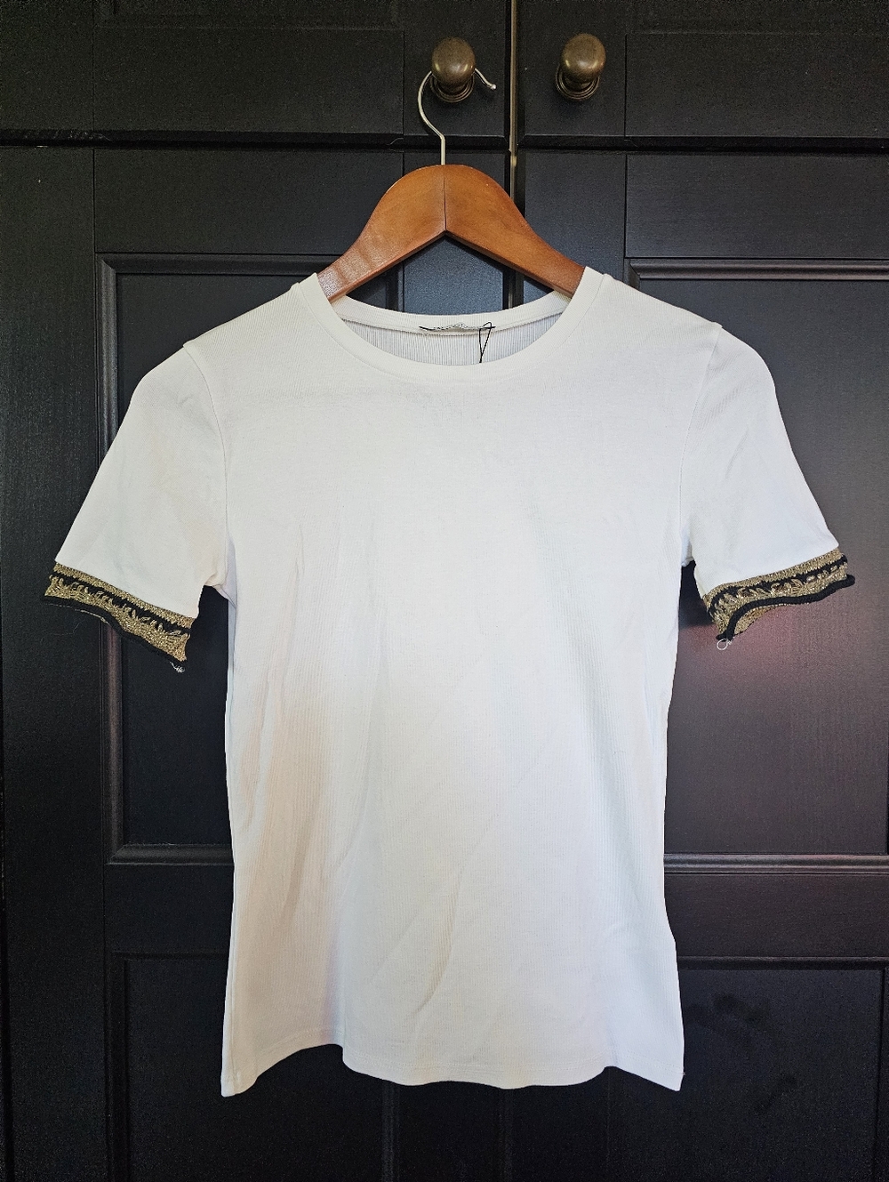 Zara White Short Sleeve Tee with Black And Gold Embellished Trim Sleeves- Sm NWT